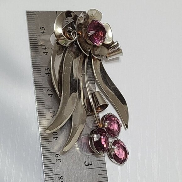 Vintage Art Deco Large Sterling Silver Purple Amethyst Crystal Flower Brooch Pin - Picture 3 of 9